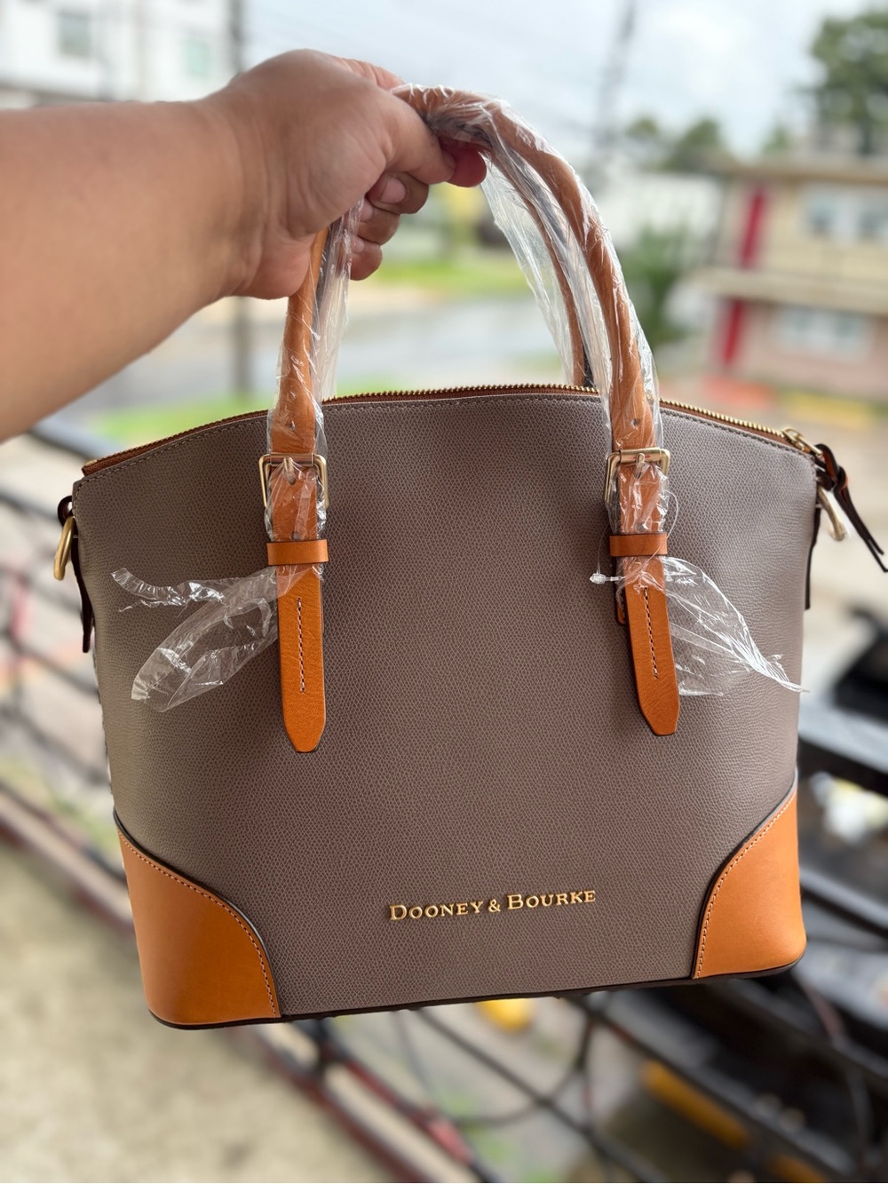 NWT Dooney & Bourke Claremont Taupe and Tan Leather Satchel